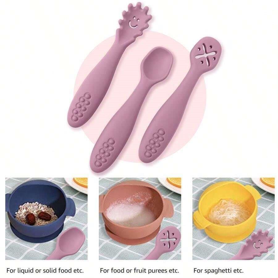Baby 3 Piece Silicon Spoon Set Rose Red
