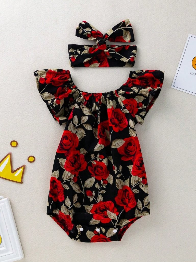Baby Black And Red Floral Bodysuit
