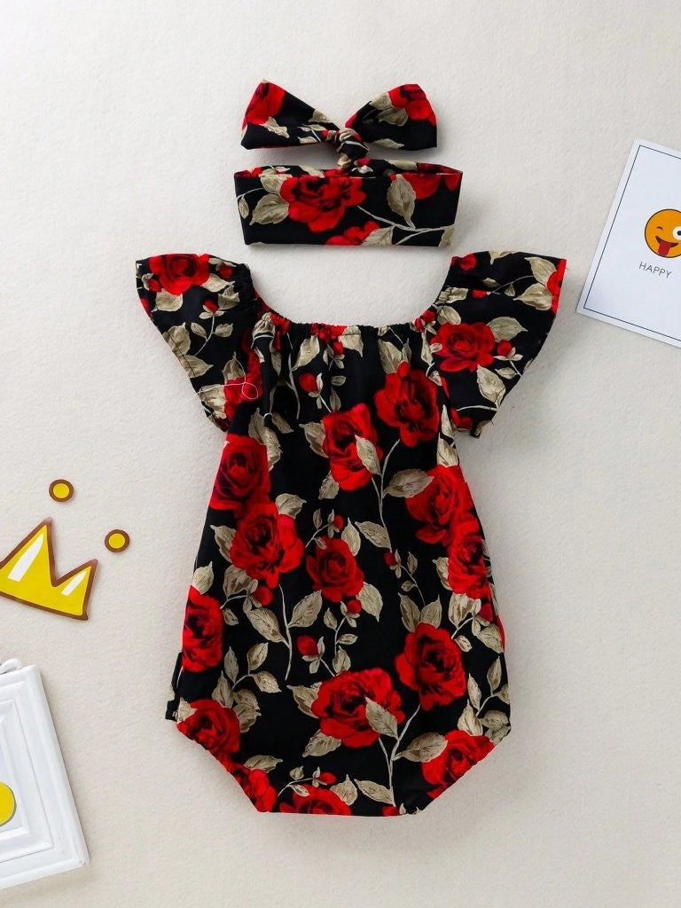 Baby Black And Red Floral Bodysuit