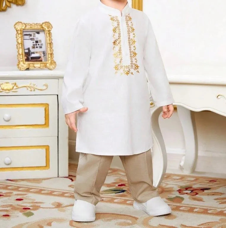 Baby Embroidery Pattern Long Top And Pants Set White