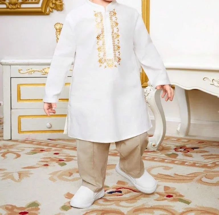 Baby Embroidery Pattern Long Top And Pants Set White