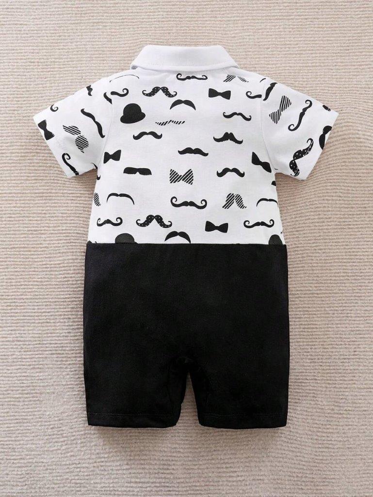 Bow Tie Moustache Print Baby Grow Black