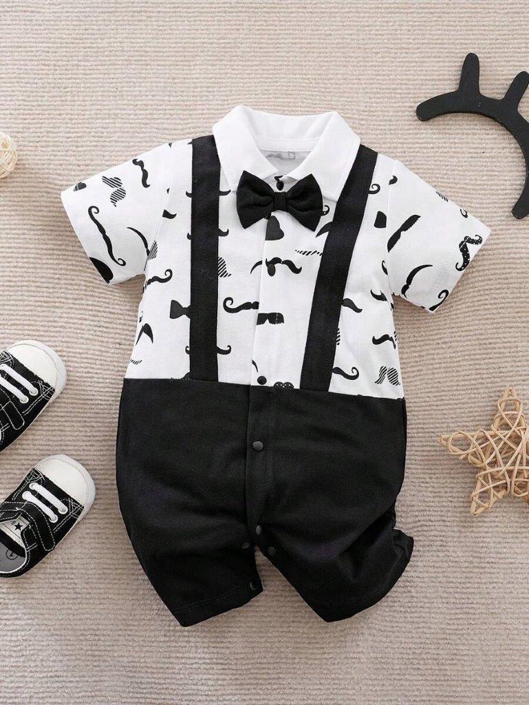 Bow Tie Moustache Print Baby Grow Black
