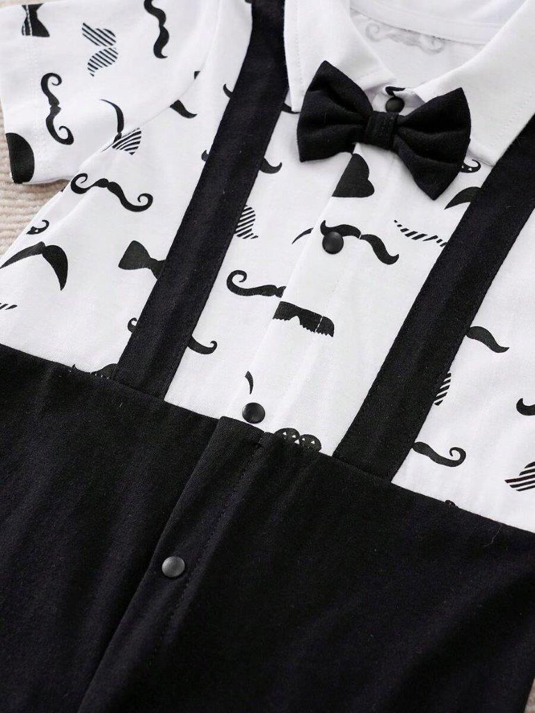 Bow Tie Moustache Print Baby Grow Black