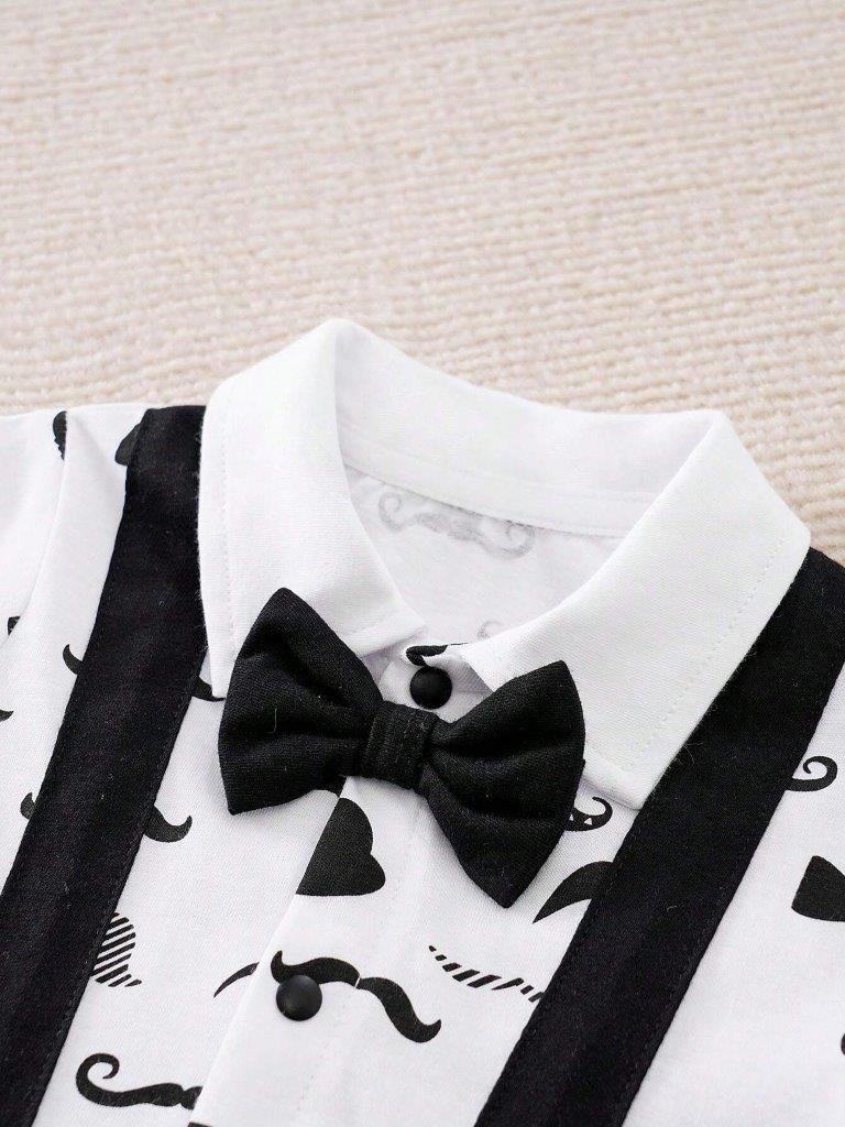 Bow Tie Moustache Print Baby Grow Black