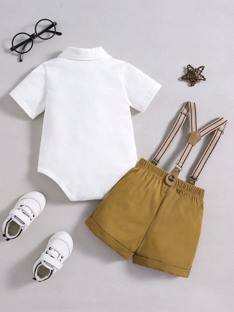 Baby 3 Piece Khaki Hanke Pocket Suspender Outfit