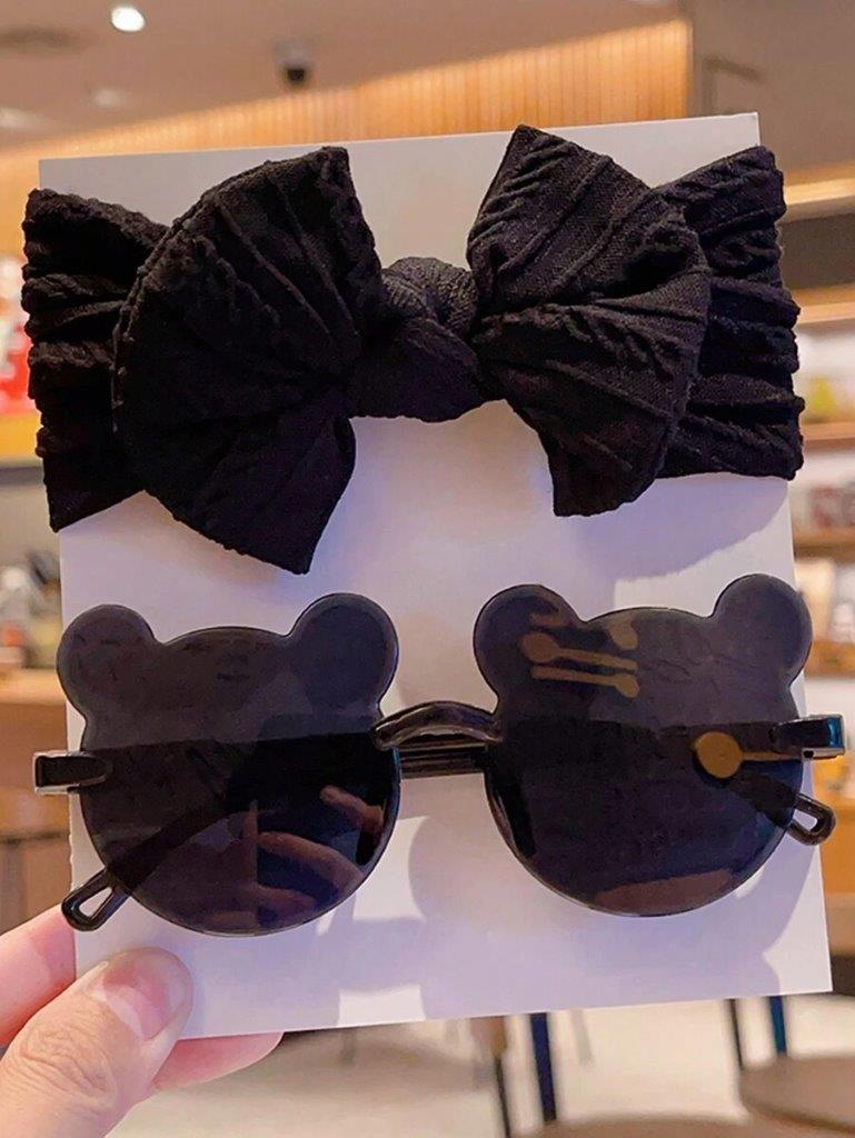 Kids Bear Frame Sunglasses With Headband Set Black