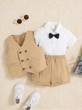 Baby 3 Piece Khaki Bow Tie Shirt, Vest And Shorts Set