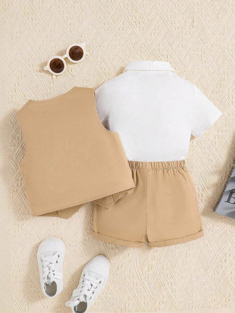 Baby 3 Piece Khaki Bow Tie Shirt, Vest And Shorts Set