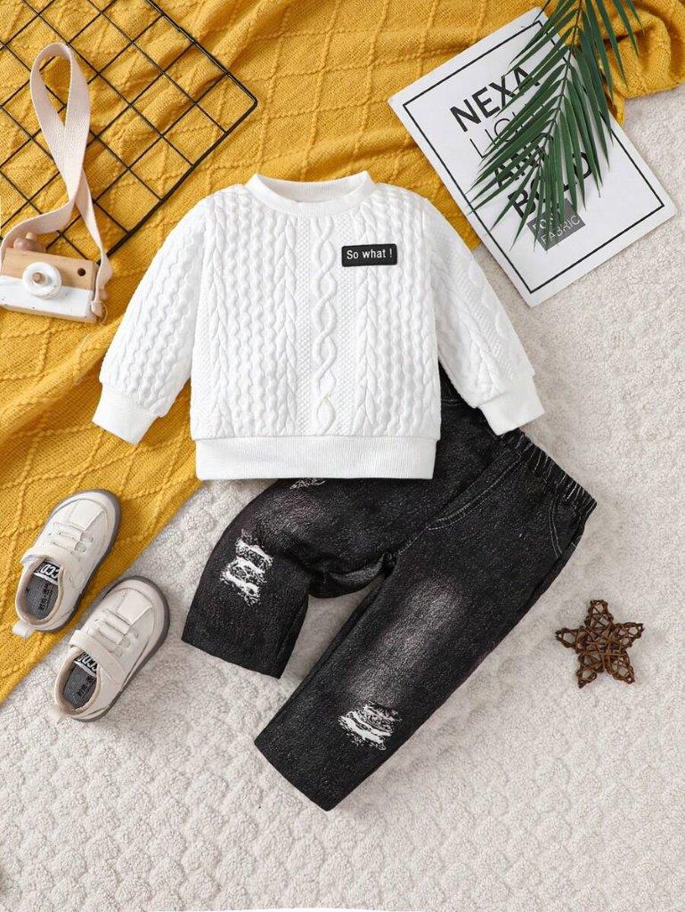 Baby Textured White Pullover And Pants Set