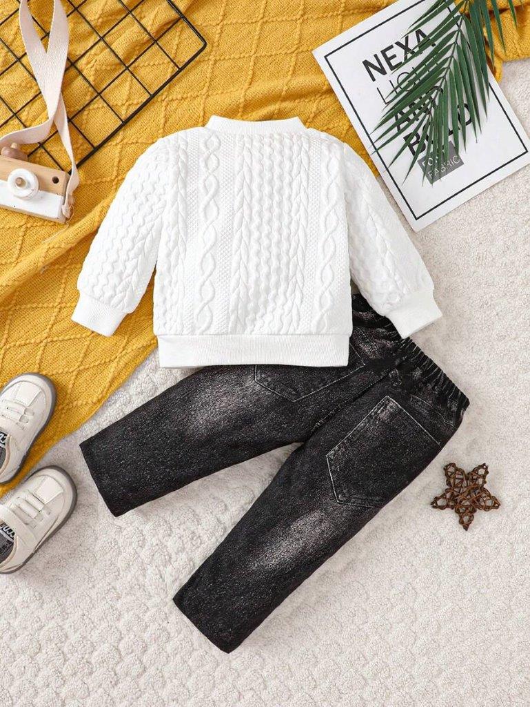 Baby Textured White Pullover And Pants Set
