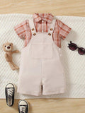 Baby 2 Piece Plaid Shirt And Overall Set Apricot