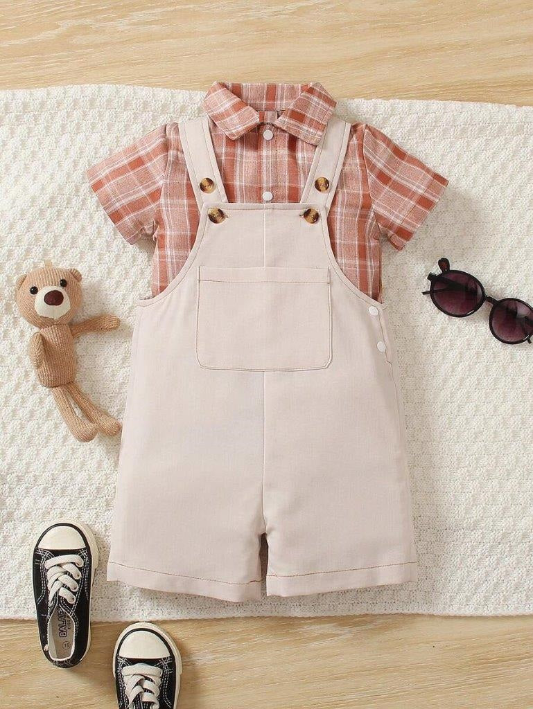 Baby 2 Piece Plaid Shirt And Overall Set Apricot