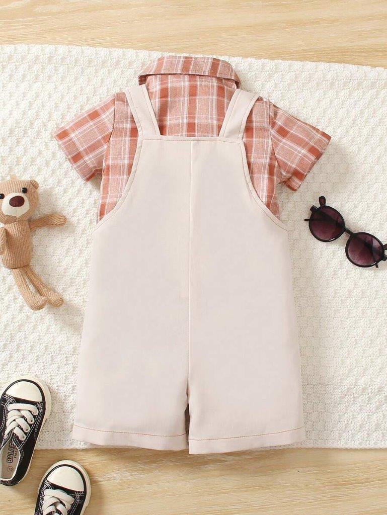 Baby 2 Piece Plaid Shirt And Overall Set Apricot