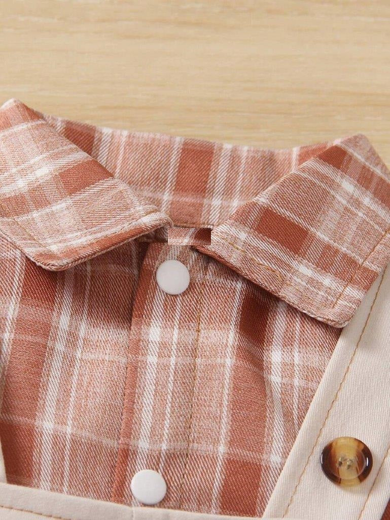 Baby 2 Piece Plaid Shirt And Overall Set Apricot