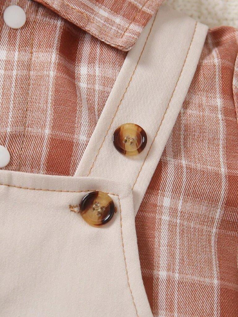 Baby 2 Piece Plaid Shirt And Overall Set Apricot