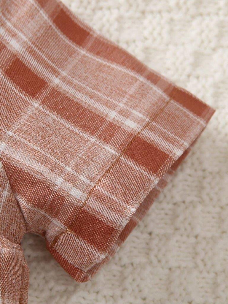 Baby 2 Piece Plaid Shirt And Overall Set Apricot