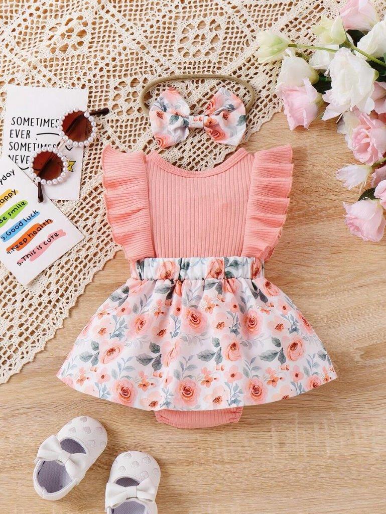 Baby Dusty Pink Rose Frilled Bodysuit Dress Set
