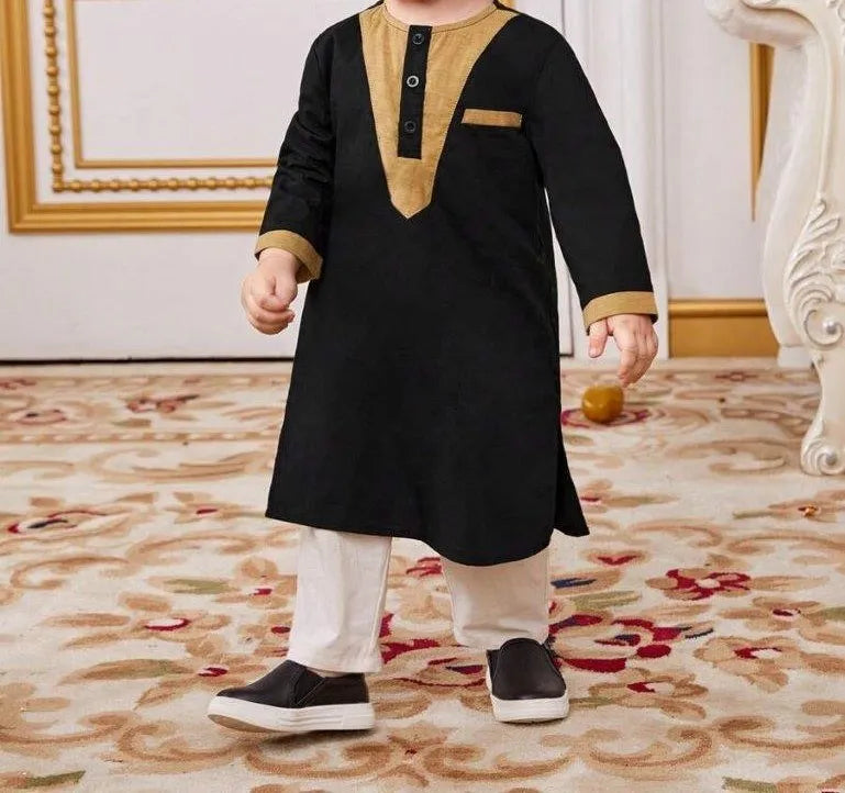 Baby Embroidery Pattern Long Top And Pants Set Black