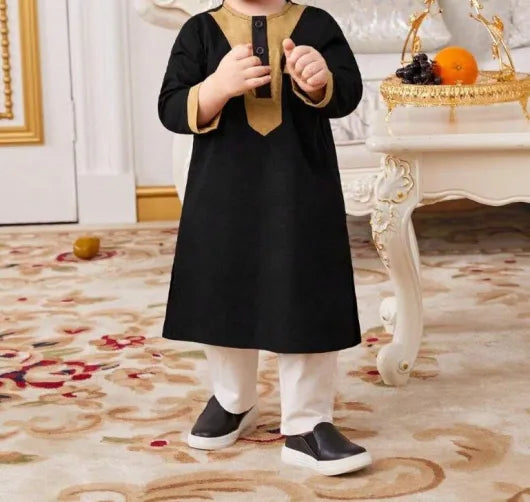 Baby Embroidery Pattern Long Top And Pants Set Black