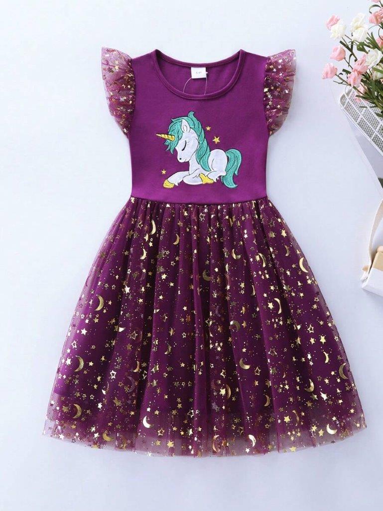 Toddler Girls Red Violet Unicorn Dress
