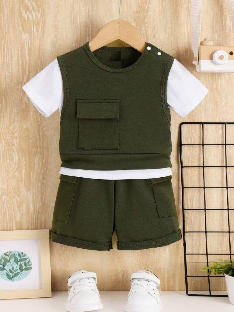 Baby Army Green Pocket Tee And Shorts Set