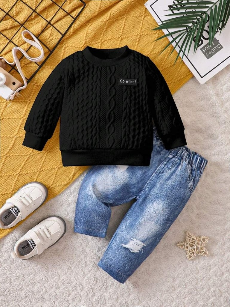 Baby Textured Black Pullover And Pants Set