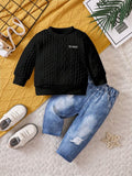 Baby Textured Black Pullover And Pants Set