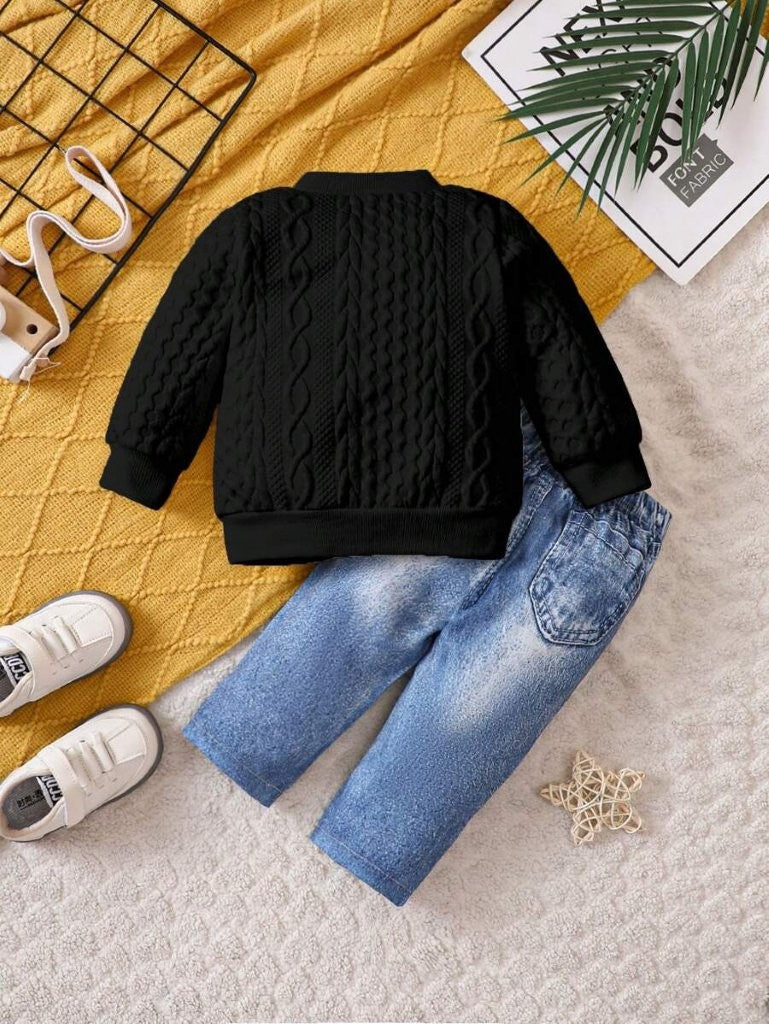 Baby Textured Black Pullover And Pants Set