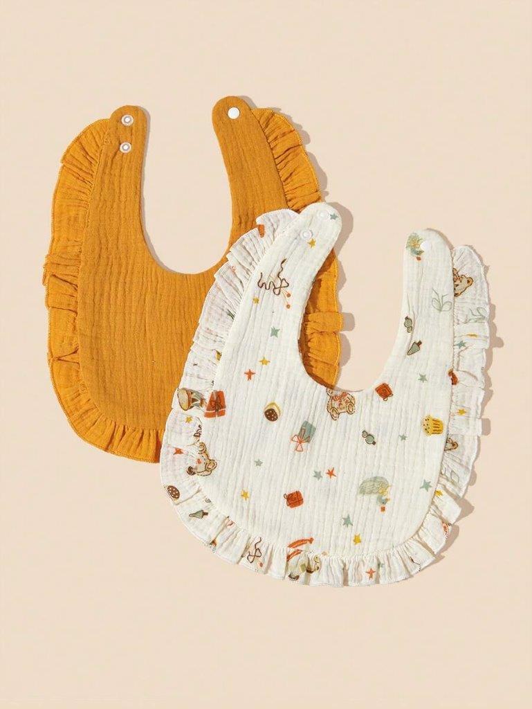 100% Cotton Stylish Ruffle Trim Bibs 2 Piece Mix