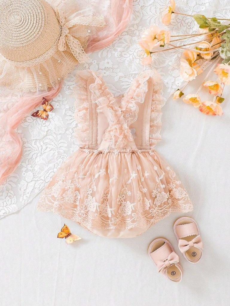 Baby Floral Lace Ruffle Mesh Bodysuit Dress