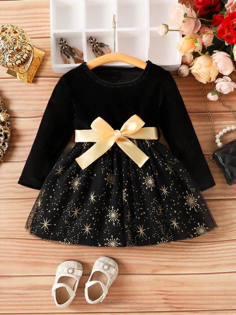 Baby Black And Gold Mesh Bow Dress