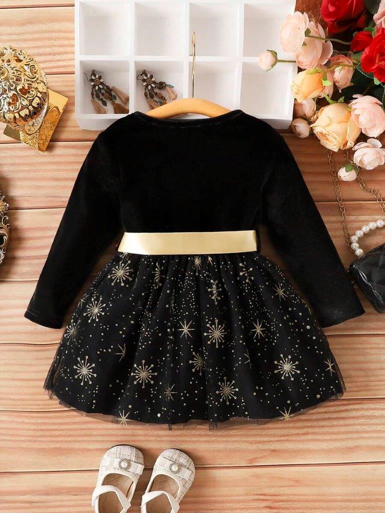 Baby Black And Gold Mesh Bow Dress