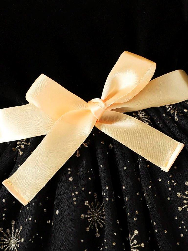 Baby Black And Gold Mesh Bow Dress