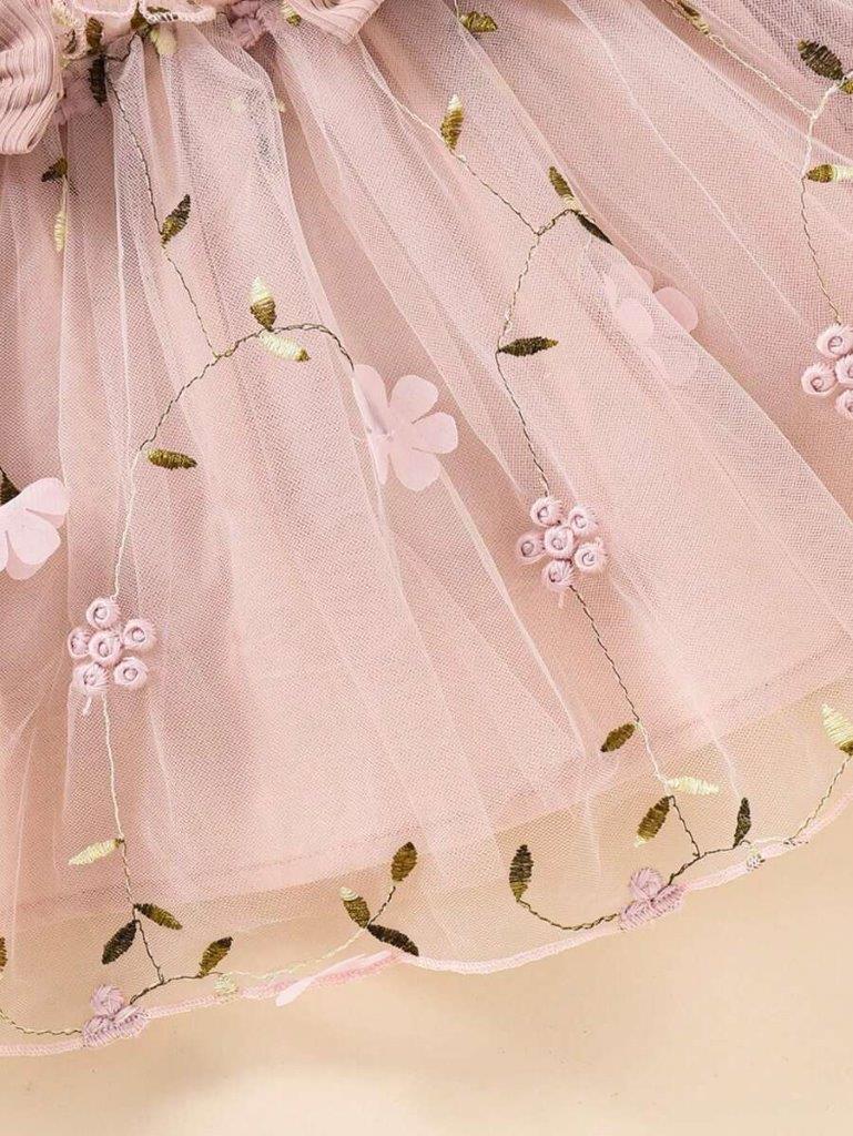 Baby Dusty Pink Embroidery Double Bow Dress