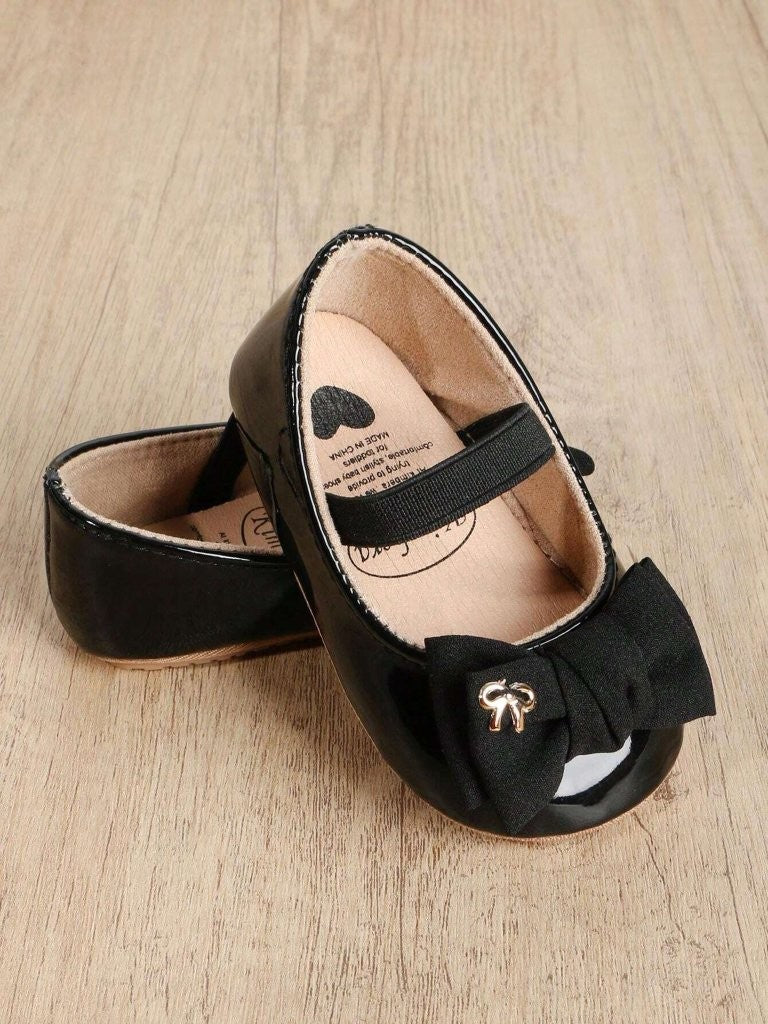 Baby Black Elastic Band Strap Bow Shoes