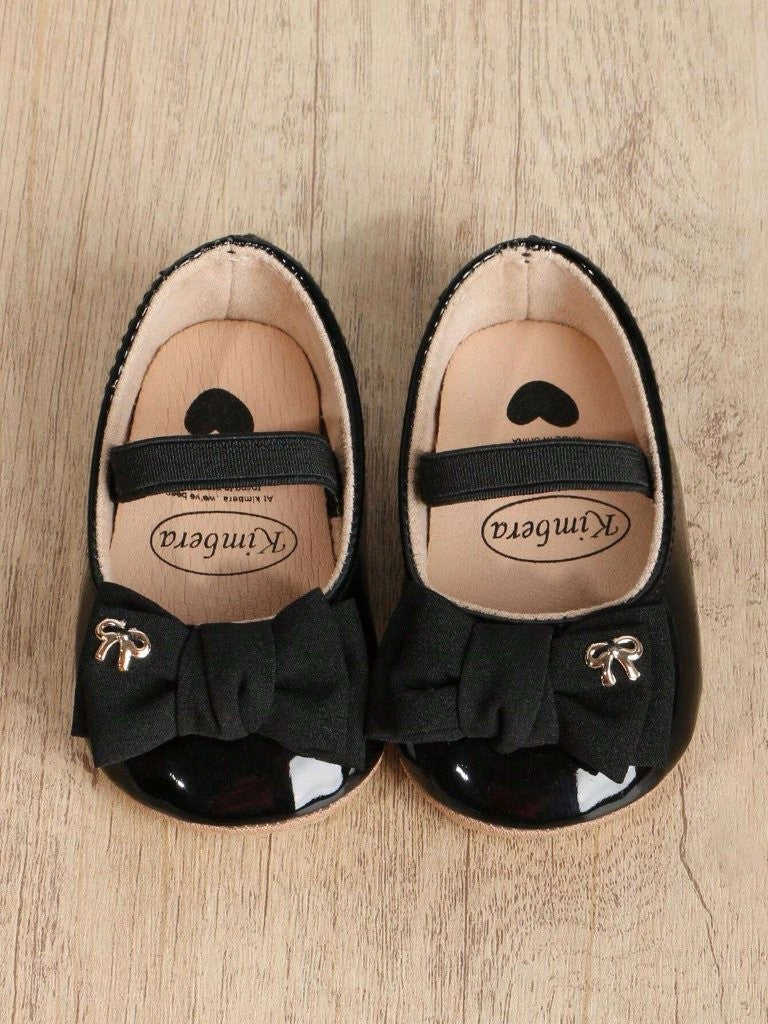 Baby Black Elastic Band Strap Bow Shoes