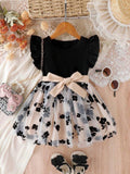 Baby Black Flower Mesh Belted Dress