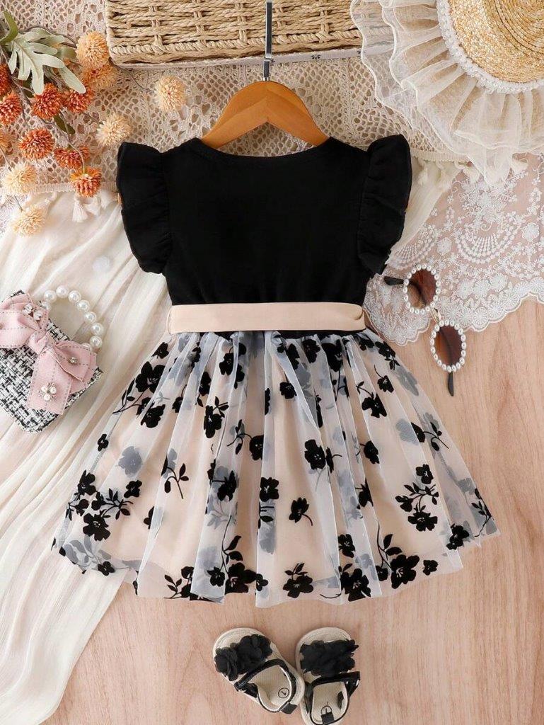 Baby Black Flower Mesh Belted Dress