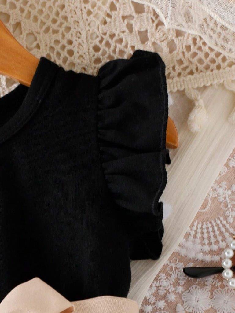Baby Black Flower Mesh Belted Dress
