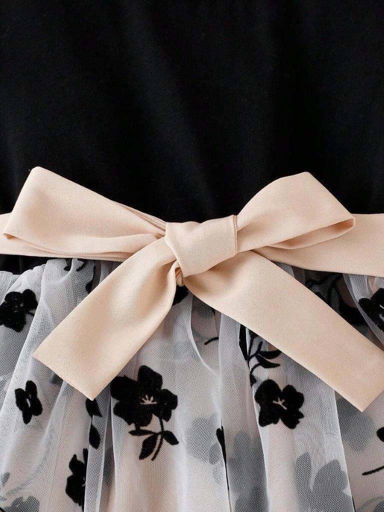 Baby Black Flower Mesh Belted Dress