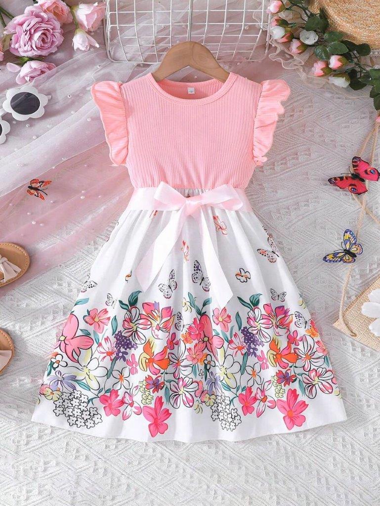 Toddler Girls Pink Flower Belted Dress