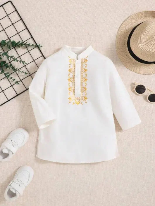 Baby Embroidery Pattern Long Top And Pants Set White