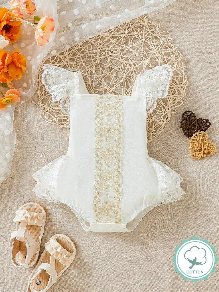 Baby Cotton Lace Gold Pattern Bodysuit Dress