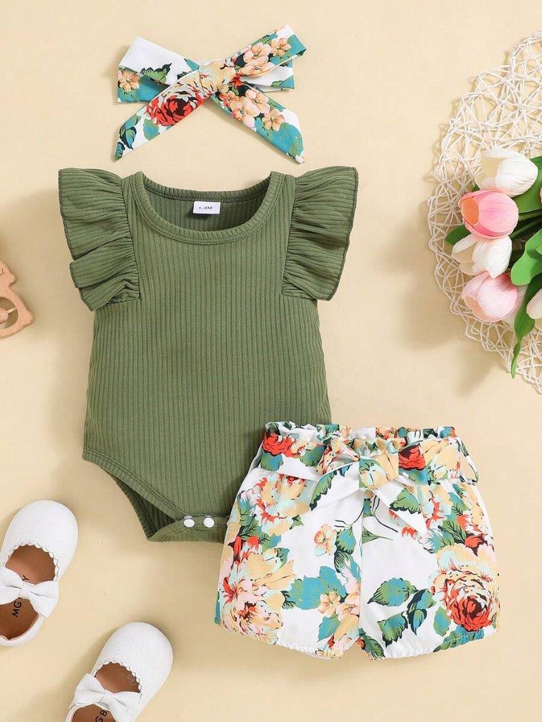 Baby Ribbed Bodysuit And Floral Shorts Set