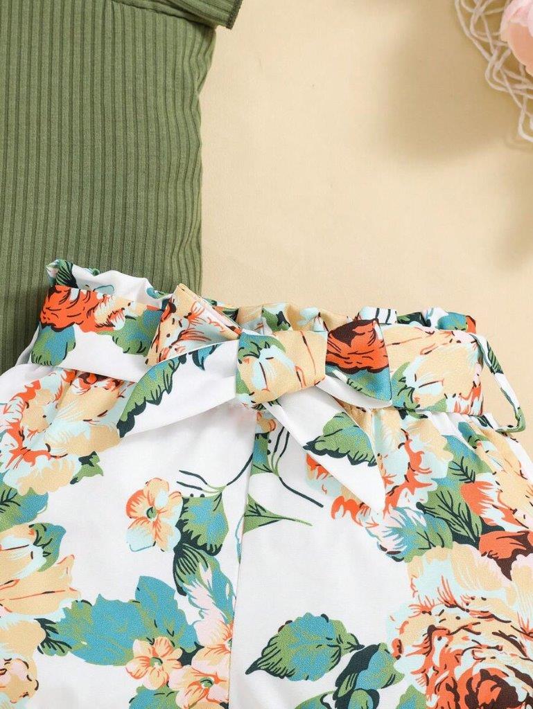 Baby Ribbed Bodysuit And Floral Shorts Set