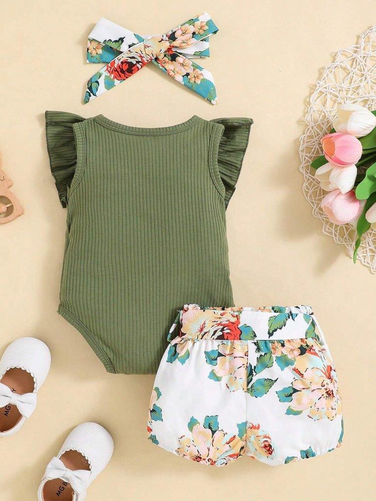 Baby Ribbed Bodysuit And Floral Shorts Set
