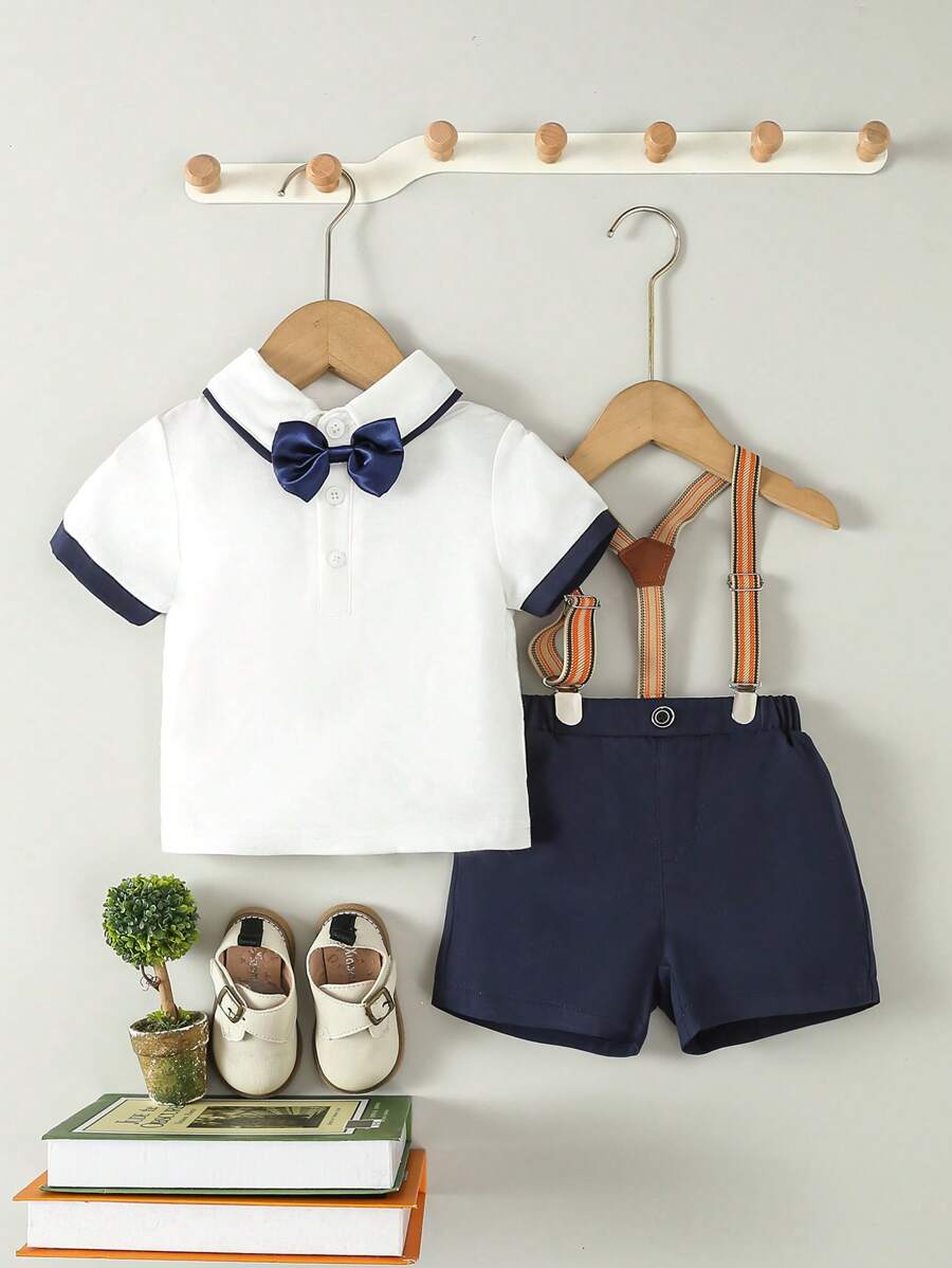 Baby 3 Piece Silk Bow Tie Suspender Shorts Set