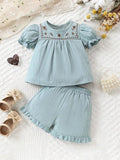 Baby Ruffle Trim Puff Sleeve Top And Shorts Set