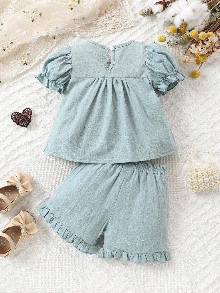Baby Ruffle Trim Puff Sleeve Top And Shorts Set